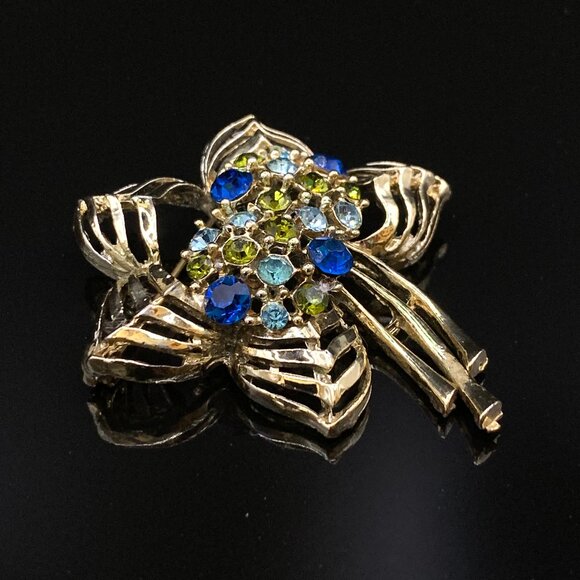 Blue Rhinestone Leaf Vtg Brooch Pin Gold Tone J163 - Picture 6 of 8